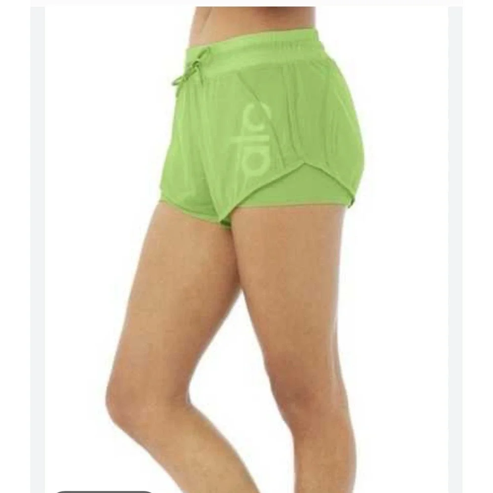 Alo Yoga Womens Mesh Double Layered Running Shorts Lime Green Size Small